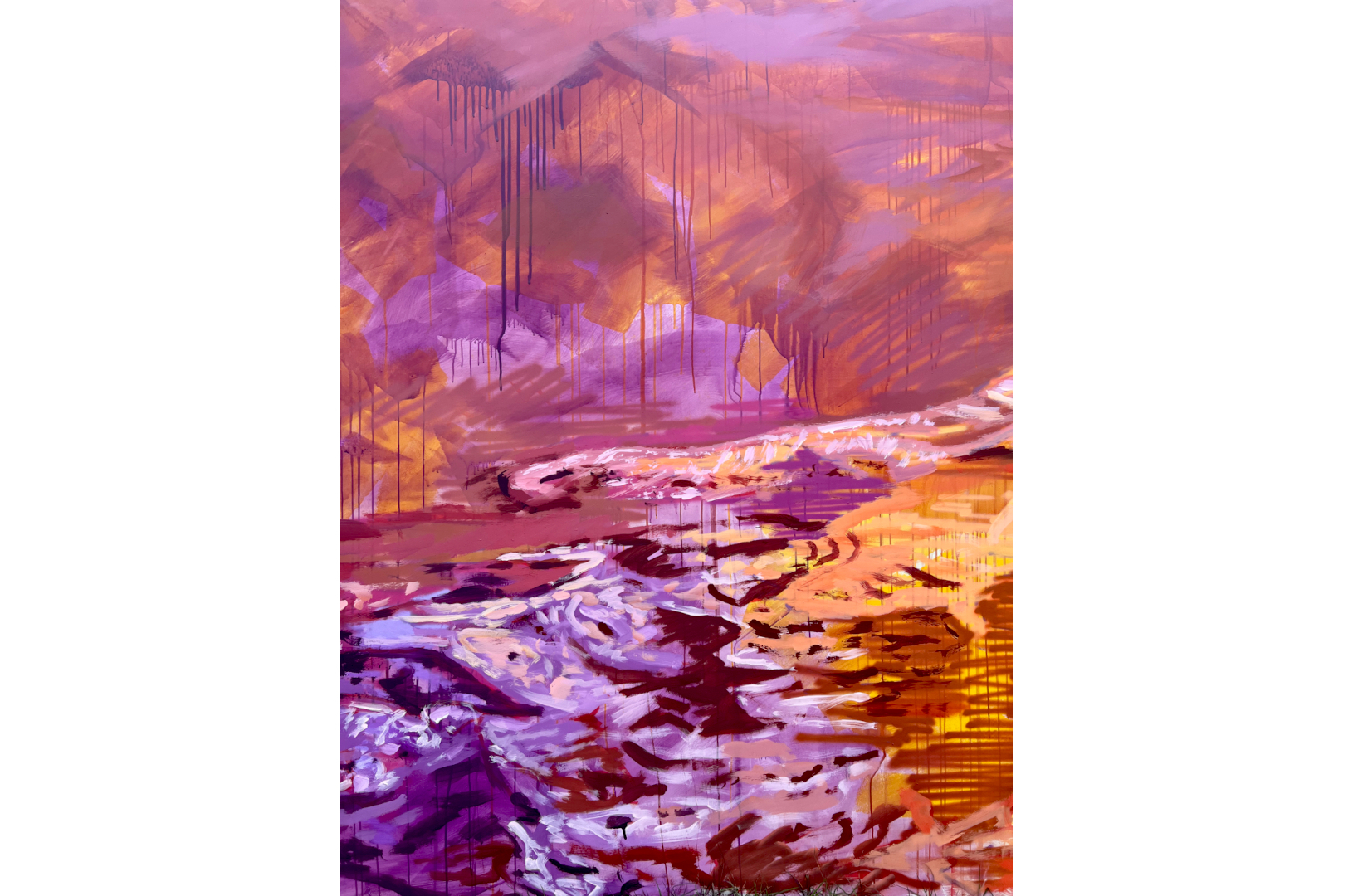 Fresque murale qui représente un homme allongé qui flotte dans l'eau dans des couleurs oranges et violettes.