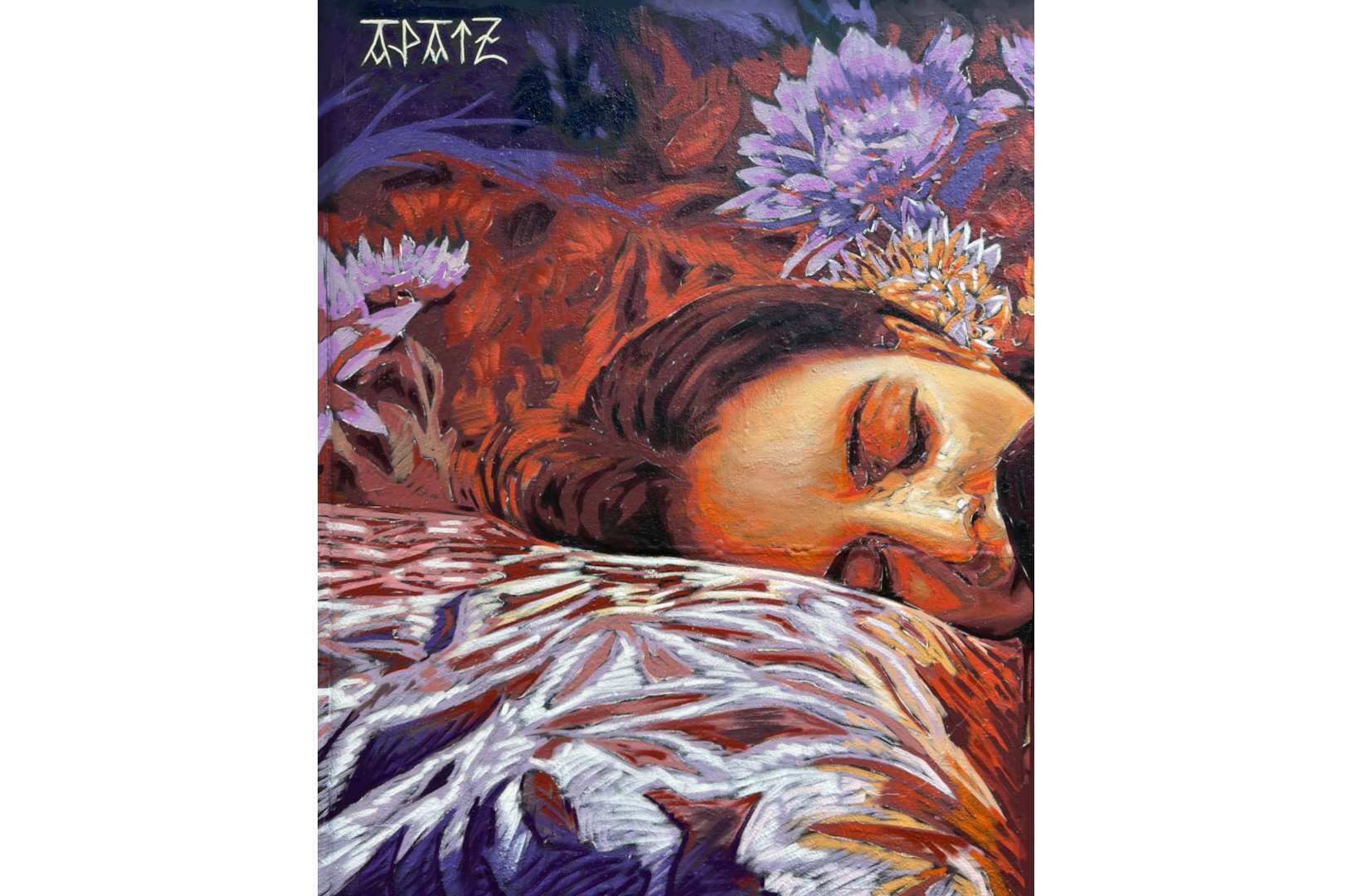 Fresque murale représentant une personne allongée, les yeux fermés, enlaçant un chien noir endormi. La scène, peinte dans des tons chauds de rouge, violet et orange, évoque la tendresse et l’intimité. L’œuvre est installée sur la place des Trois Cheminées (Tres Xemeneies) à Barcelone, dans un environnement urbain marqué par des structures industrielles et des arbres en arrière-plan.