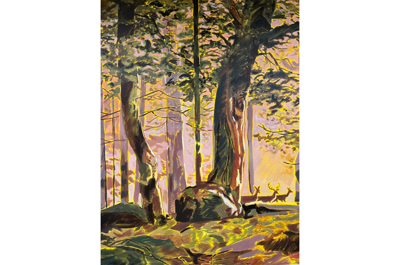 Fresque murale réalisée dans une salle de repos dans l'entreprise DACHSER à Strasbourg. Elle représente un paysage forestier apaisant et chaleureux.