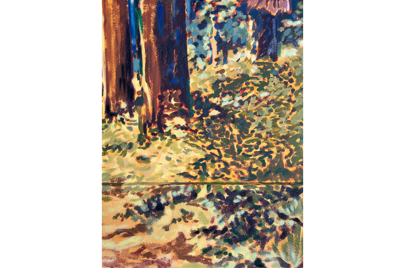 Fresque murale réalisée dans la cour de récréation de l'école Institution Notre-Dame de Strasbourg. Elle représente deux enfants qui jouent avec des oiseaux dans une forêt imaginaire.