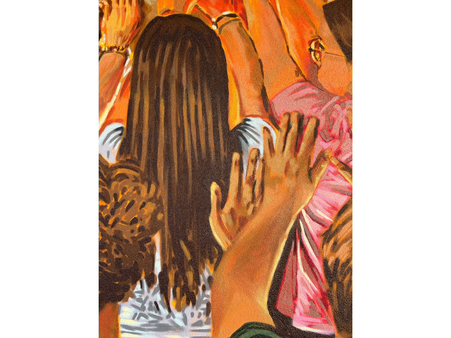 Fresque murale réalisée par APAIZ, représentant un groupe de personnes levant les mains devant un paysage alpin